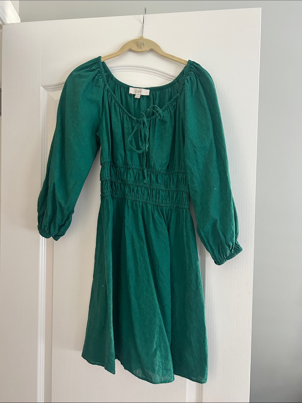 LOFT Pine Green Peasant Dress Smocked Waist 3/4 Sleeve